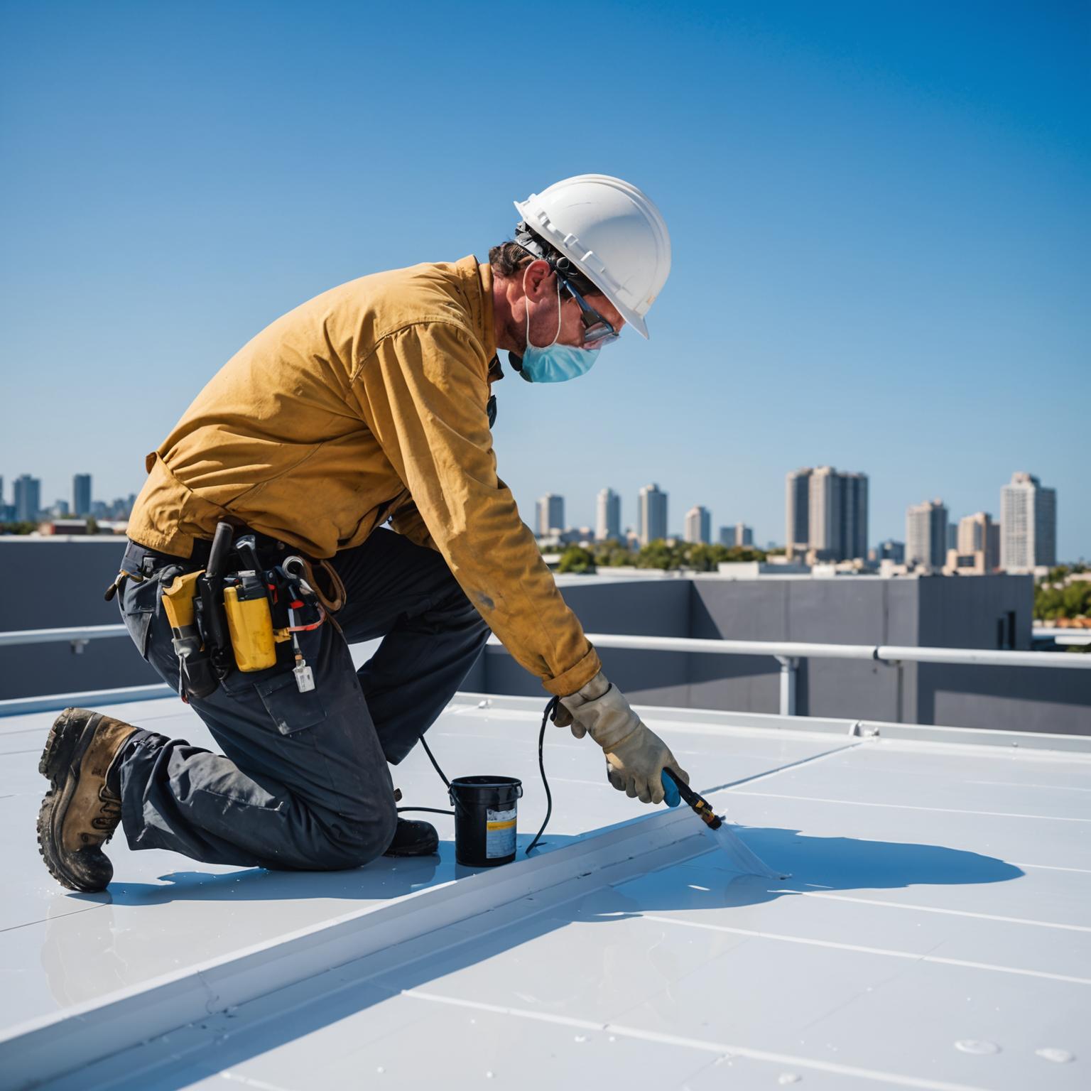 Worker sealing a roof leak